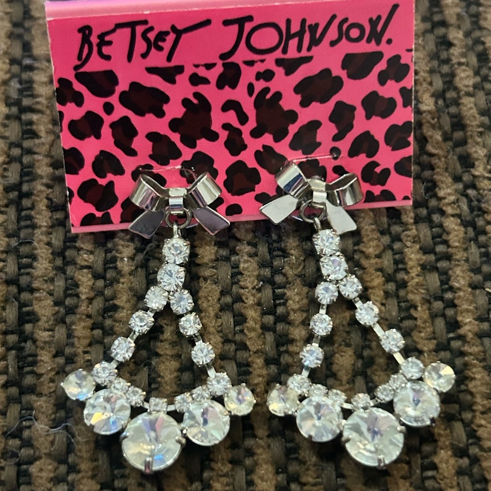 Betsey Johnson Silver Crystal Bow Drop Earrings NWT